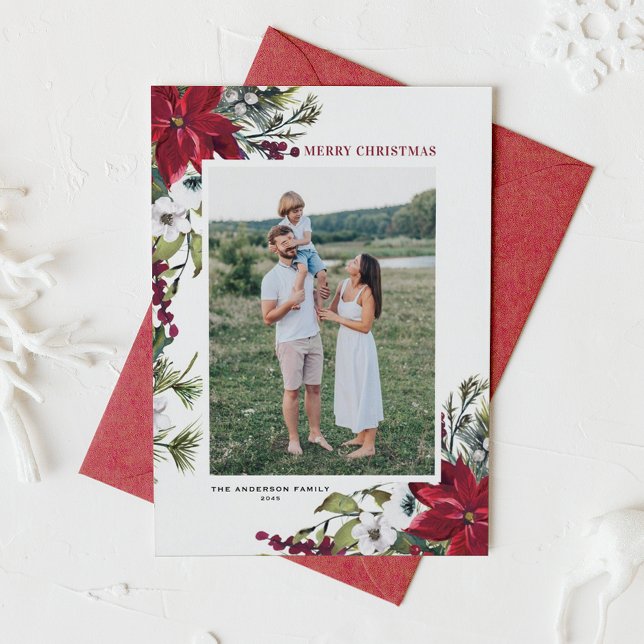 Cartes Pour Fêtes Annuelles Rouge Poinsettia Botanique Joyeux Noël Photo (Customizable photo Christmas card featuring watercolor burgundy red poinsettia and white flowers)