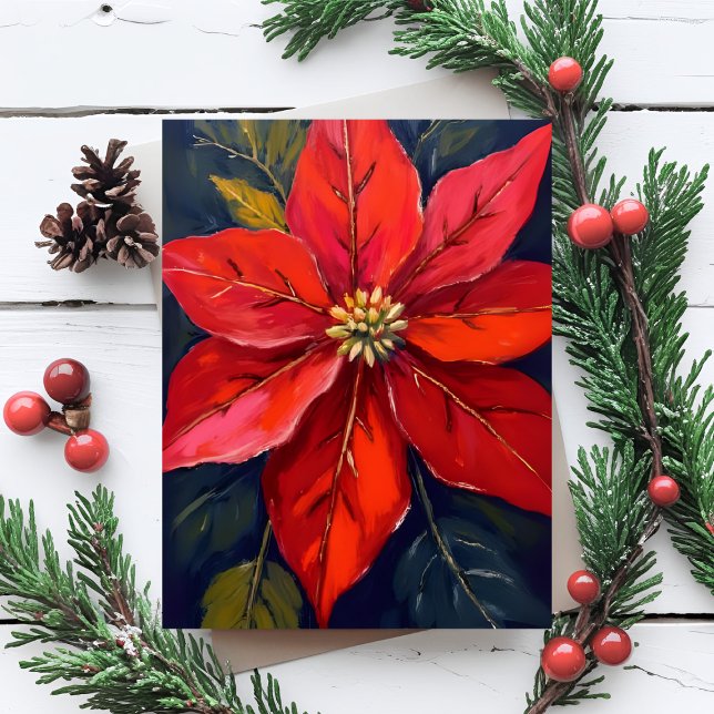 Cartes Pour Fêtes Annuelles Rouge Poinsettia Fleur de Noël Peint (Créateur téléchargé)