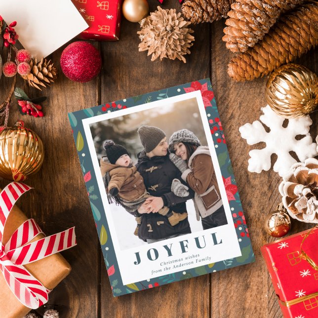 Cartes Pour Fêtes Annuelles Rouge Poinsettia Floral Vert Photo Noël (Créateur téléchargé)