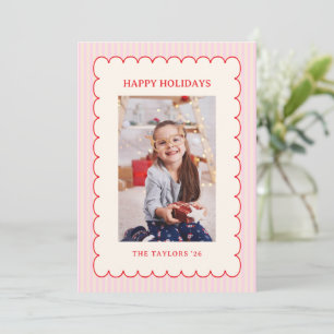Cartes Pour Fêtes Annuelles Rouge Rose Scallopé Rayure Prépa Photo Noël