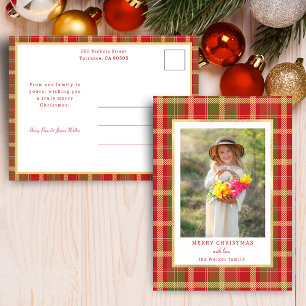 Cartes Pour Fêtes Annuelles Rouge rustique chaud & Gold Plaid Photo
