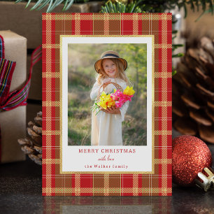 Cartes Pour Fêtes Annuelles Rouge rustique chaud & Gold Plaid Photo