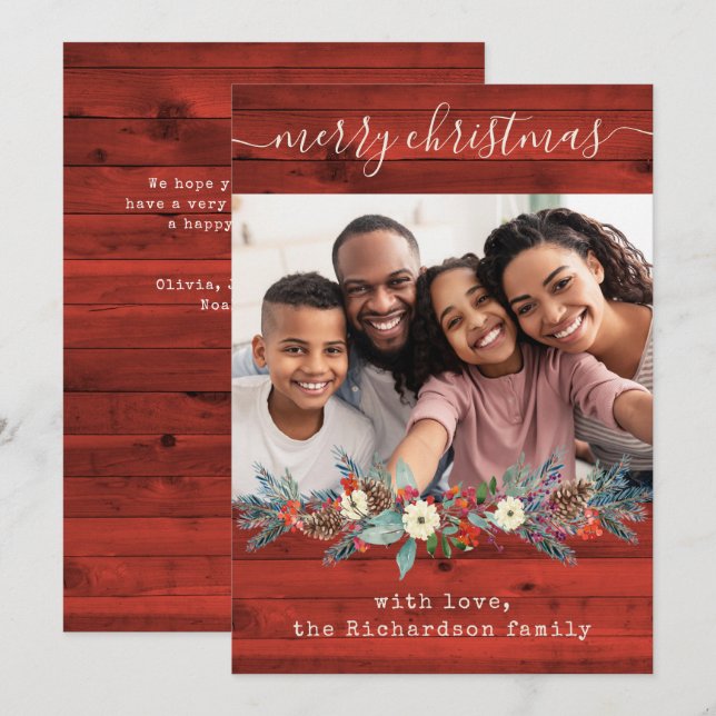 Cartes Pour Fêtes Annuelles Rouge Rustique Noël vert | Photo et script (Devant / Derrière)