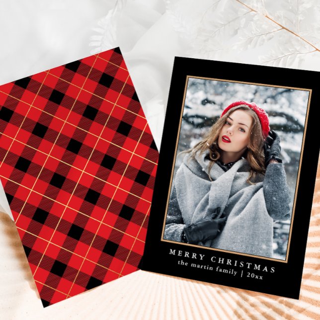 Cartes Pour Fêtes Annuelles Rouge rustique Plaid avec Faux Gold Photo Noël (Créateur téléchargé)