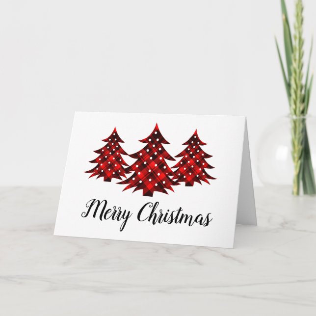 Cartes Pour Fêtes Annuelles Rouge rustique Plaid Blank Joyeux Arbres de Noël (Devant)