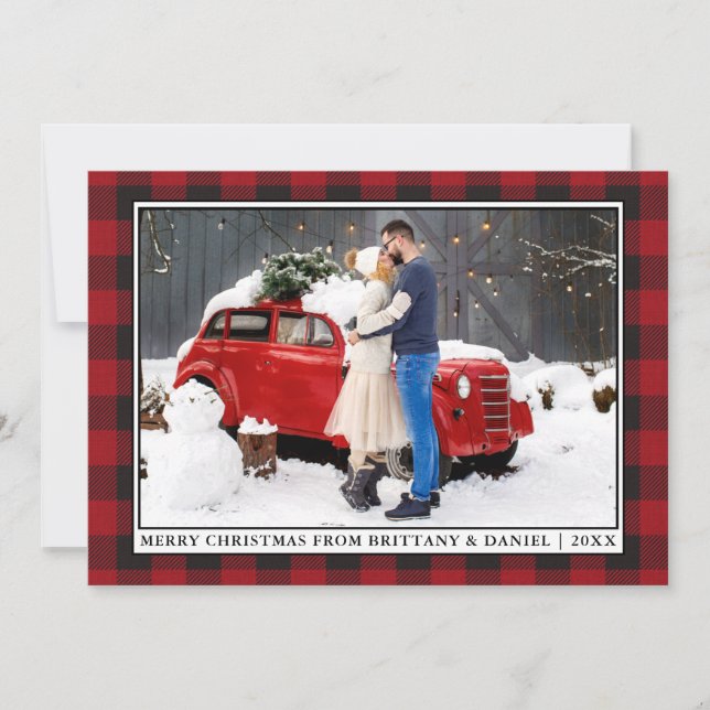Cartes Pour Fêtes Annuelles Rouge rustique Plaid Noël encadré Couple Photo (Devant)