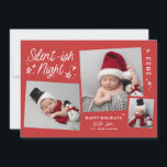 Cartes Pour Fêtes Annuelles Rouge Script Silent-ish Night 3 Photo Collage<br><div class="desc">Doté d'étoiles dessinées à la main,  d'une typographie fantaisiste et d'une disposition unique de 3 photos. Est accompagné d'un motif correspondant sur le dos.</div>