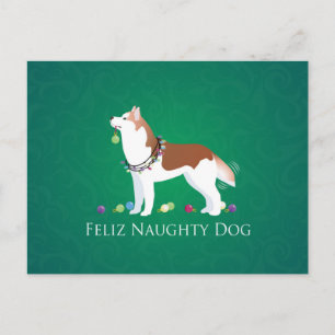 Cartes Pour Fêtes Annuelles Rouge Sibérien Husky Feliz Naughty Chien Noël