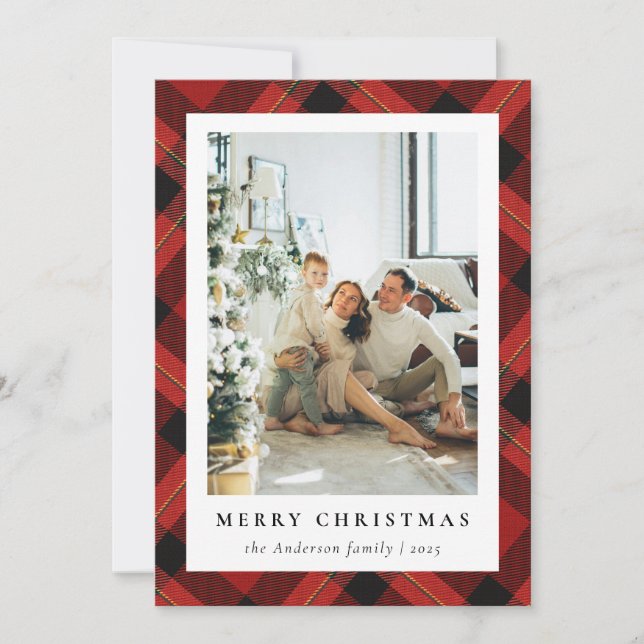Cartes Pour Fêtes Annuelles Rouge Tartan moderne Plaid & Photo de famille Noël (Devant)
