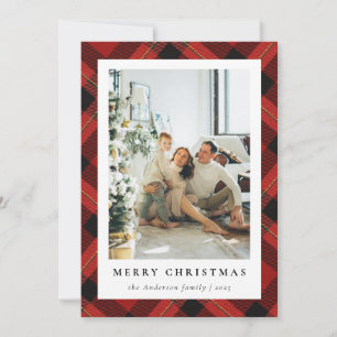 Cartes Pour Fêtes Annuelles Rouge Tartan moderne Plaid & Photo de famille Noël