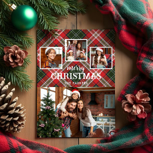 Cartes Pour Fêtes Annuelles Rouge/Vert Carreaux Rustique Joyeux Noël 4-Photo