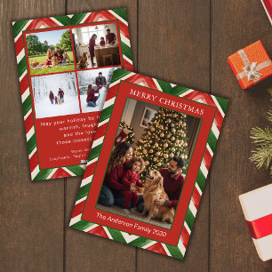 Cartes Pour Fêtes Annuelles Rouge Vert Chevron 5 Photo Personnalisée Noël