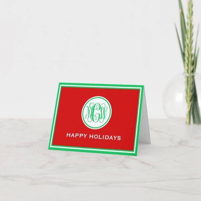 Cartes Pour Fêtes Annuelles Rouge Vert foncé encadré Vin de Preppy Monogramme  (Devant)
