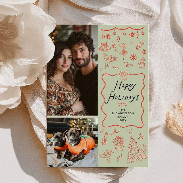 Cartes Pour Fêtes Annuelles Rouge vert main tiré Icônes Joyeuses Fêtes 2 Photo (Créateur téléchargé)