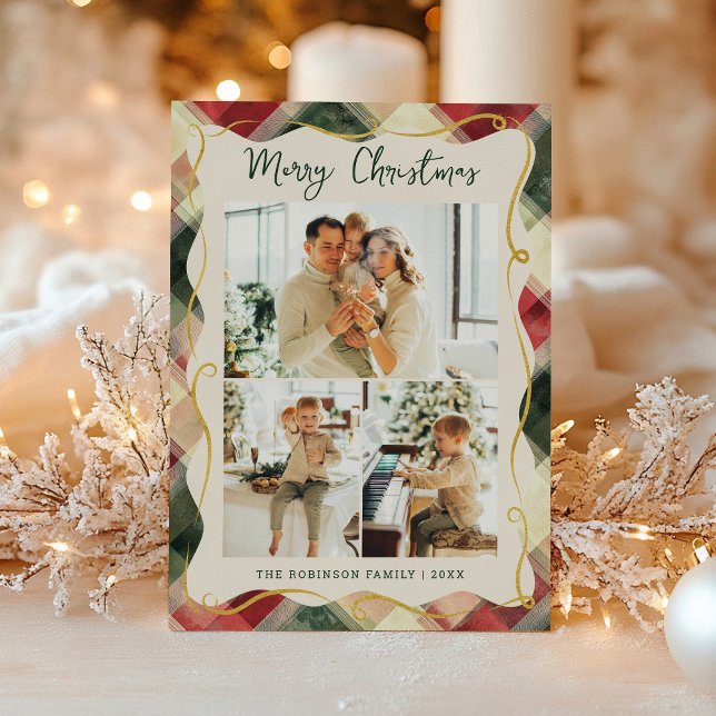 Cartes Pour Fêtes Annuelles Rouge Vert Plaid Motif Joyeux Noël 3 Photo (Créateur téléchargé)