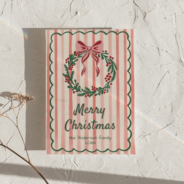 Cartes Pour Fêtes Annuelles Rouge Vert Tiré Wreath Bow Noël Non Photo (Créateur téléchargé)