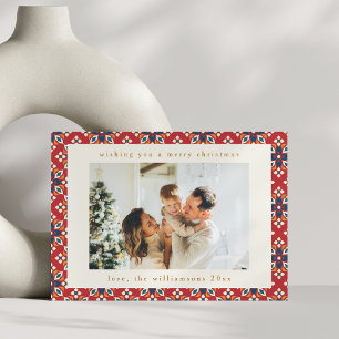 Cartes Pour Fêtes Annuelles Rouge vintage Géométrique Bleu Deux Photo Noël