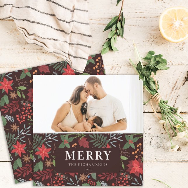 Cartes Pour Fêtes Annuelles Rouille Marron Noël le plus joyeux motif floral ph (Créateur téléchargé)