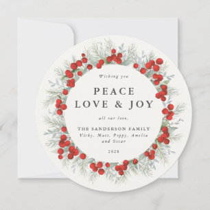 Cartes Pour Fêtes Annuelles Round Red Berries Peace Love + Joy Holiday Card