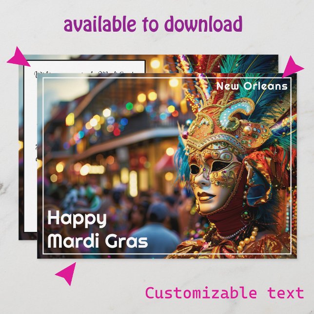 Cartes Pour Fêtes Annuelles 💚 💜 💛 Royal Regalia : Mardi Gras Extravaganza (Mardi Gras flat card, with custom text front and back. Printed or instant download)