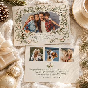 Cartes Pour Fêtes Annuelles Ruban à nœud vert sauge Photo de famille en pin vi