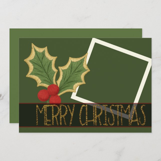 Cartes Pour Fêtes Annuelles Ruban de Noël brodé de baies de houx (Devant / Derrière)