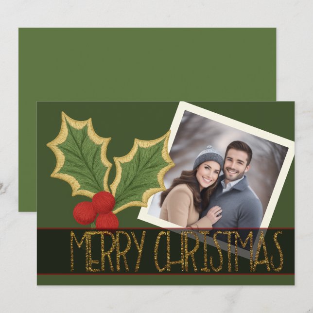 Cartes Pour Fêtes Annuelles Ruban de Noël en broderie Photo Holly Berries (Devant / Derrière)