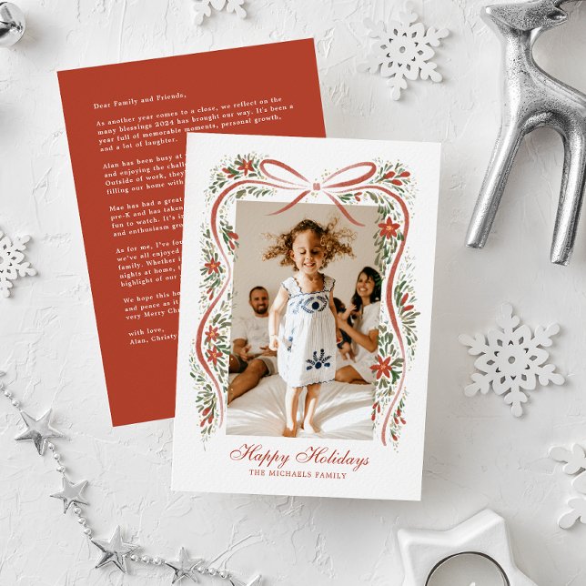 Cartes Pour Fêtes Annuelles Ruban rouge festif avec Poinsettias et verdure (Créateur téléchargé)