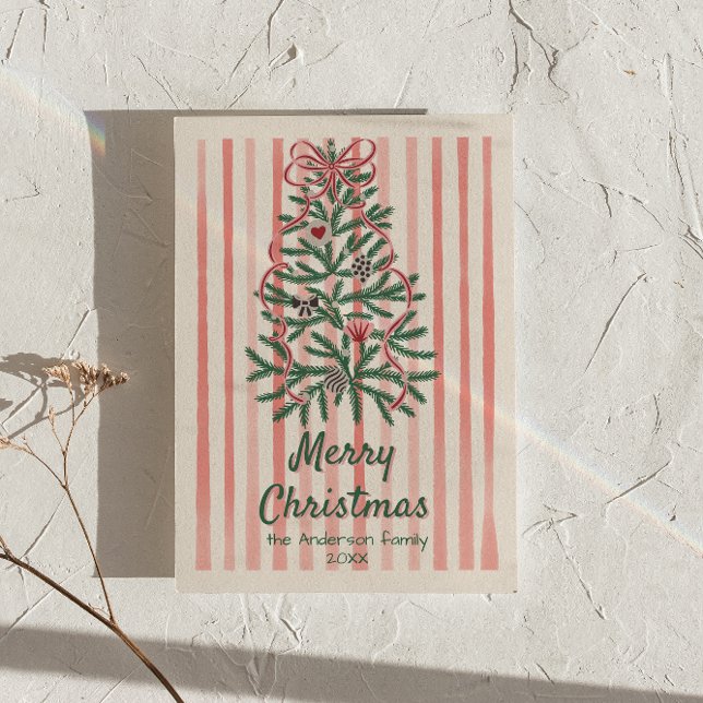 Cartes Pour Fêtes Annuelles Ruban rouge vert rétro Arbre Noël non photo (Créateur téléchargé)