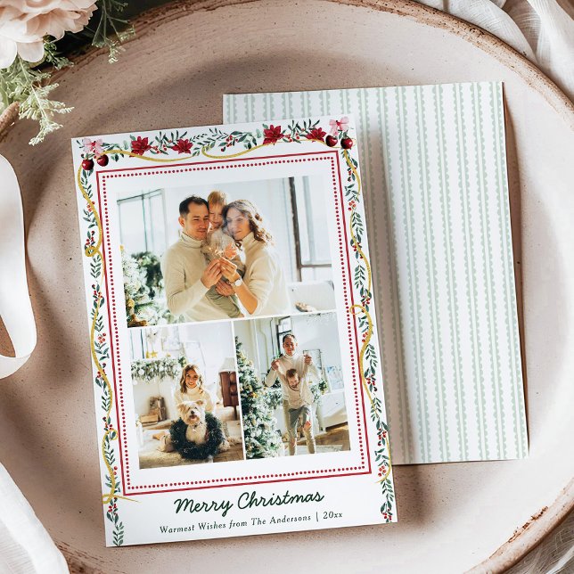 Cartes Pour Fêtes Annuelles Ruban vert botanique Joyeux Noël 3 Photo (Créateur téléchargé)