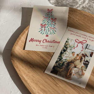 Cartes Pour Fêtes Annuelles Rubans de Noël Retro Rose Rouge Main Tirée Arbre