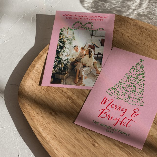 Cartes Pour Fêtes Annuelles Rubans rouges roses tirés à la main Arbre photo No (Créateur téléchargé)