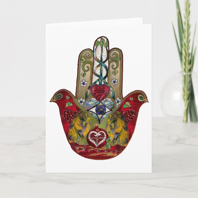 Cartes Pour Fêtes Annuelles Ruby Pomegranate Heart Red Bird Hamsa (Devant)