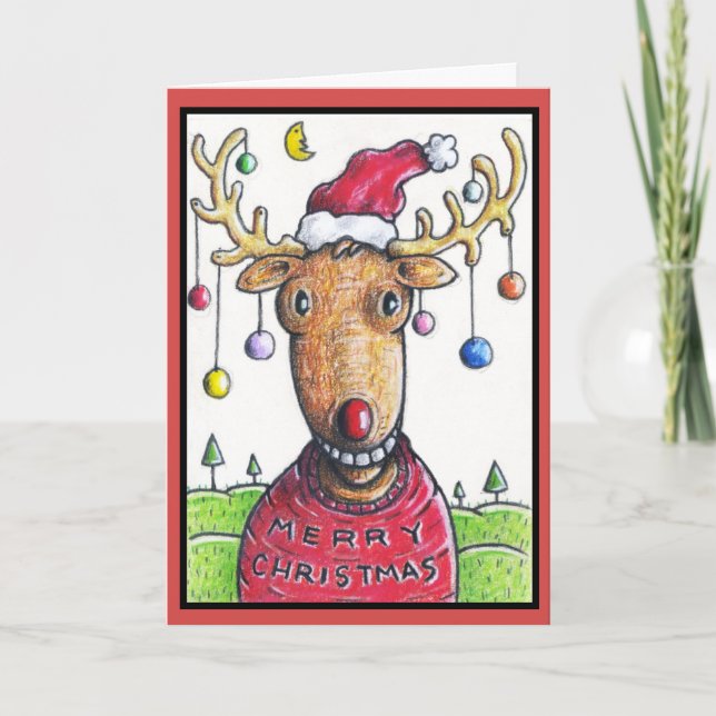 Cartes Pour Fêtes Annuelles Rudolph l'arbre de Noël flairé rouge (Devant)