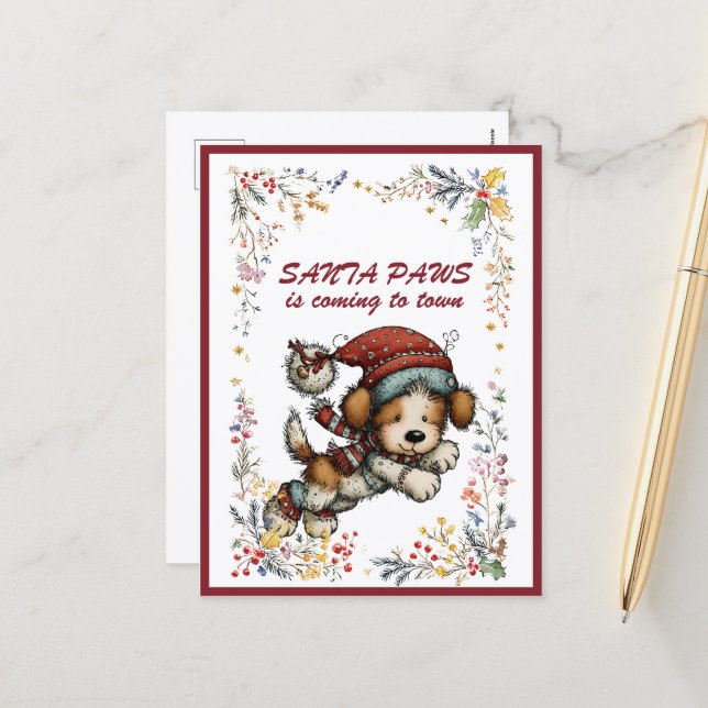 Cartes Pour Fêtes Annuelles Running Puppy Dog SANTA  PAWS is Coming to Town (Devant/Arrière en situation)