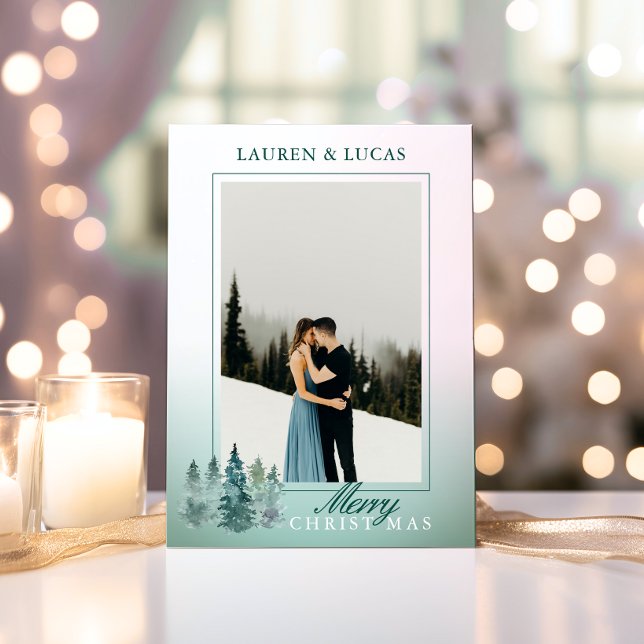 Cartes Pour Fêtes Annuelles Russe Aquarelle Arbre de Noël photo (Rustic Watercolor Tree Holiday Christmas PHOTO | First Married)