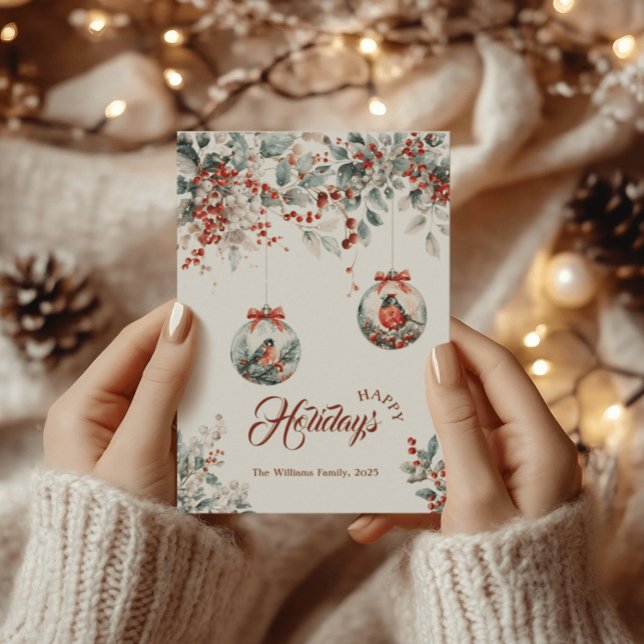 Cartes Pour Fêtes Annuelles Russe Floral Rouge Bullfinch Oiseau neige Noël (Créateur téléchargé)