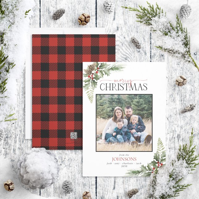 Cartes Pour Fêtes Annuelles Russe Forest Berry Pinecone Plaid Family Photo (Créateur téléchargé)
