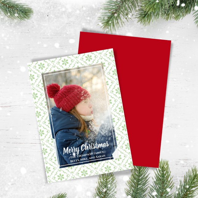 Cartes Pour Fêtes Annuelles Russe Green Joyeux Noël Une photo (Merry Christmas photo card with green snowflake pattern,)