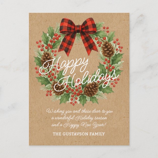 Cartes Pour Fêtes Annuelles Russe Holly Wreath Rouge Noir À damiers Bow (Devant)