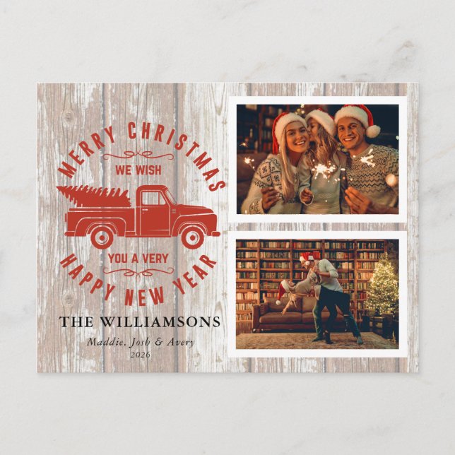 Cartes Pour Fêtes Annuelles Russe Joyeux Arbre de Noël Bois Camion Rouge 2 Pho (Devant)