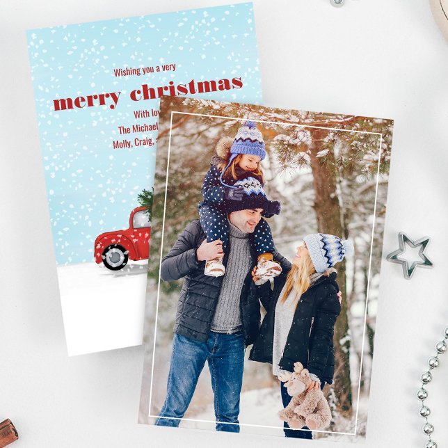 Cartes Pour Fêtes Annuelles Russe Joyeux Noël Camion Rouge Une photo (Rustic red truck holiday photo card. Watercolor winter design. )