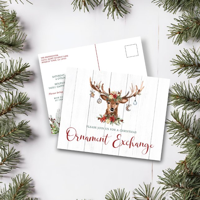 Cartes Pour Fêtes Annuelles Russe Noël Floral Antlers Orament Exchange (Rustic Christmas Floral Antlers Ornament Exchange Holiday Postcard)