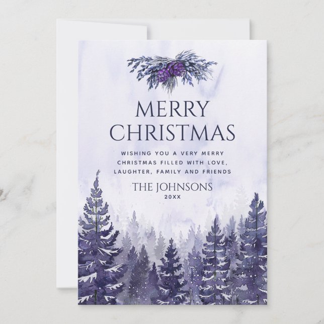 Cartes Pour Fêtes Annuelles Russe Purple Aquarelle Pine Forêt Noël (Devant)