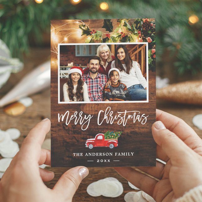 Cartes Pour Fêtes Annuelles Russe String Lights Red Christmas Truck Photo (Créateur téléchargé)