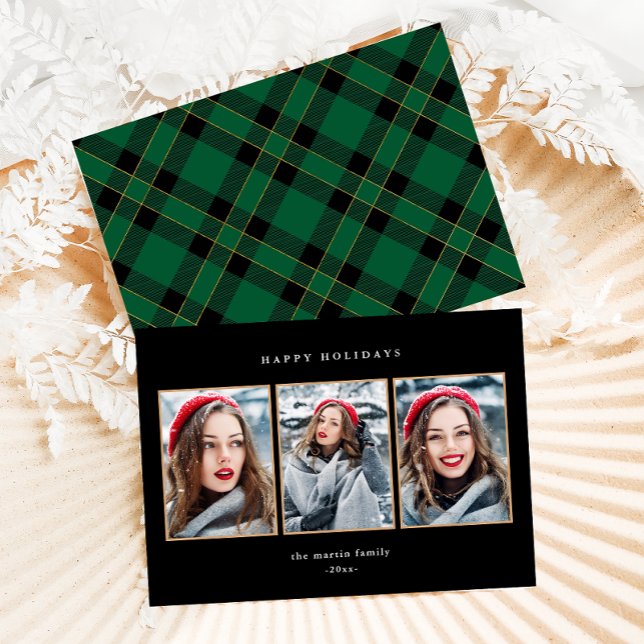 Cartes Pour Fêtes Annuelles Russe Vert Plaid Faux Or Trois Photo Noël (Créateur téléchargé)