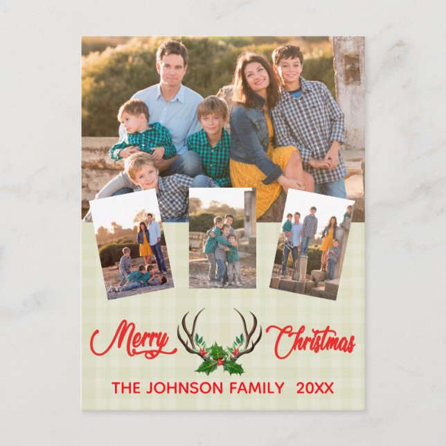 Cartes Pour Fêtes Annuelles Rustic Antlers Holly Photo Collage (Devant)
