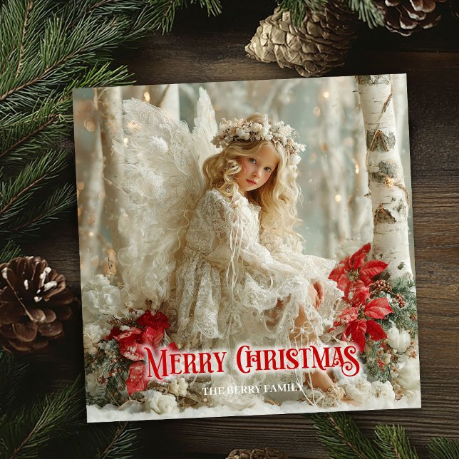Cartes Pour Fêtes Annuelles Rustic beautiful angel red poinsettias seasonal  (Rustic beautiful angel red poinsettias seasonal card)