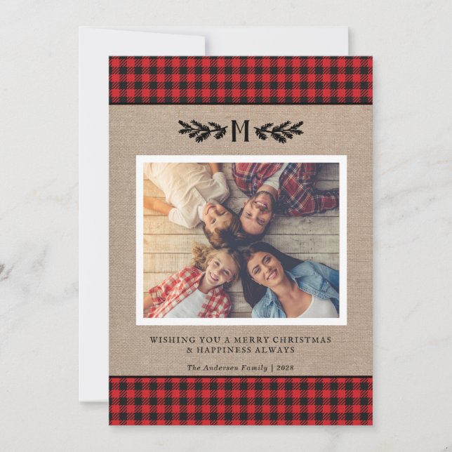 Cartes Pour Fêtes Annuelles Rustic Buffalo Plaid Monogrammed Photo Christmas  (Devant)