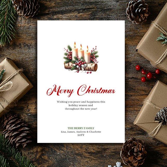 Cartes Pour Fêtes Annuelles Rustic Christmas candles holly and pine card (Rustic Christmas candles holly and pine card)